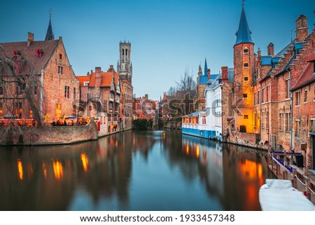 Bruges, Belgium night scene on the Rozenhoedkaai River.