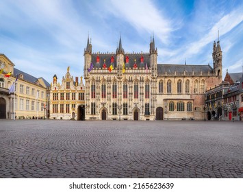 Bruges, Belgium. Wide Angle View Of Historic Town Hall Building