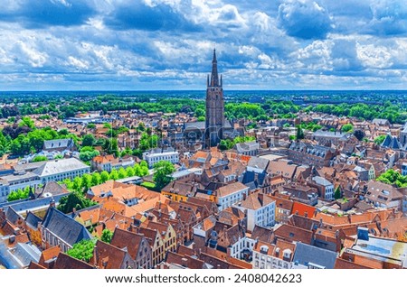 Bruges cityscape, aerial panoramic view of Bruges historical city centre, old buildings, Church of Our Lady, skyline horizon, panorama of Brugge old town quarter district, Flemish region, Belgium