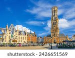 Bruges cityscape, Belfry of Bruges Belfort van Brugge medieval bell tower and Provinciaal Hof Provincial Court on Markt Market square in Brugge old town, UNESCO World Heritage, West Flanders, Belgium