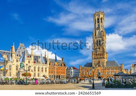 Bruges cityscape, Belfry of Bruges Belfort van Brugge medieval bell tower and Provinciaal Hof Provincial Court on Markt Market square in Brugge old town, UNESCO World Heritage, West Flanders, Belgium