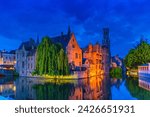 Bruges cityscape, Brugge old town scenic view, Bruges historical city centre, Rosary Quay Rozenhoedkaai embankment, Belfort Belfry tower, Dijver water canal, evening view, West Flanders, Belgium