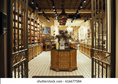 BRUGGE, BELGIUM - MARCH 15,2017. Chocolate shop in Brugge and its interior
