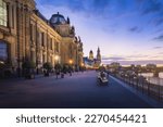 Bruhls Terrace at night with Academy of Fine Arts and Catholic Cathedral Tower - Dresden, Germany