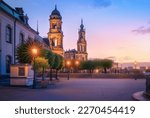 Bruhls Terrace at night with Saxon House of Estates (Sachsisches Standehaus) and Catholic Cathedral Towers - Dresden, Germany