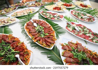 Brunch With Family In Restaurant. Tasty Colorful And Delicious Italian Buffet. A Gourmet Buffe. Big Dinner Table With Italian Food.