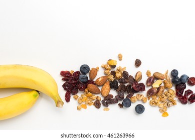 Brunch : Homemade Granola, Almond, Raisins, Fresh Blueberry, Cranberry, Healthy Brunch And Breakfast On White Table Background.



