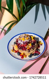 Brunch Meal: American Blueberry Pancakes With Lemon Curd And Berries