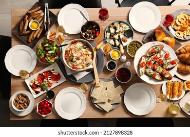 Brunch Table Setting With Different Delicious Food Indoors, Top View