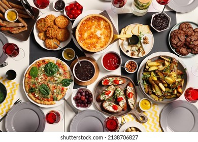 Brunch table setting with different delicious food, flat lay