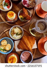 Brunch Table Setting With Different Delicious Food Indoors, Top View