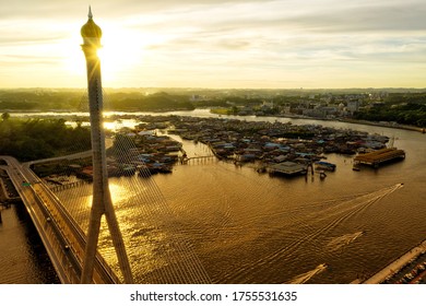 Brunei Bridge With A Background Of Water Village Situated At City Of Bandar Seri Begawan