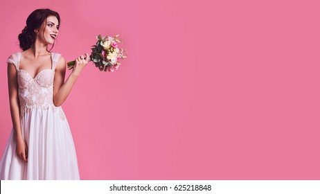 Brunet Bride Portrait In Pink Studio