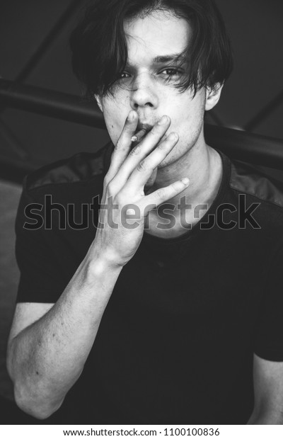 Brunette Boy Smoking Black White Stock Photo Edit Now 1100100836