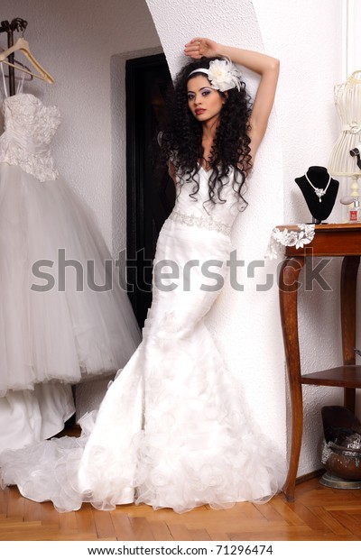 Brunette Bride Long Curly Hair Posing Stock Image Download Now