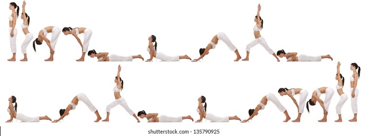 Brunette Exercising Yoga Sequence On White Background