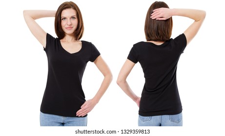 Brunette Girl In Black Tshirt Isolated Front and Rear, Mock Up Copy Space - Shutterstock ID 1329359813