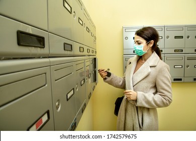 Brunette Girl With Coat Checks Mail In Mailbox Protective Face Mask