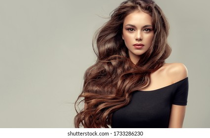 Brunette  girl with long , healthy and   shiny curly hair .  Beautiful  model woman  with wavy hairstyle   .Care and beauty
 - Shutterstock ID 1733286230
