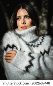 Brunette Girl Wearing Fuzzy Mohair Wool Grey Sweater In Woods