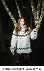 Brunette Girl Wearing Fuzzy Mohair Wool Grey Sweater In Woods