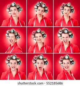 Brunette Hair Curler Adult Caucasian Woman Housewife Square Collection Set Of Face Expression Like Happy, Sad, Angry, Surprise, Yawn On Red