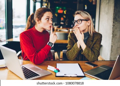 Brunette hipster blogger told secret to wondered colleague and showing sign shh during collaborating at laptop devices in coworking.Excited two best friends gossiping during studying break at netbooks