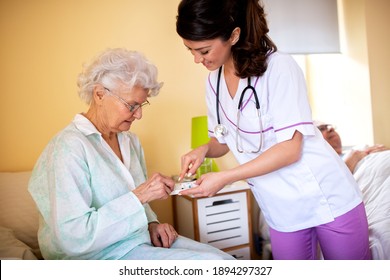 Brunette lady doctor and her nursing home elder woman patient having polite conversation, skilled nursing facility concept - Shutterstock ID 1894297327