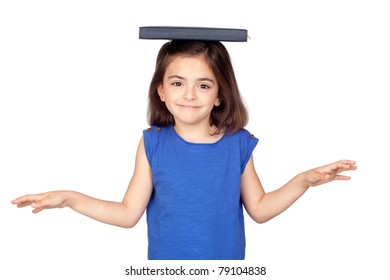 Brunette little girl with a book on her head isolated on a over white background - Powered by Shutterstock