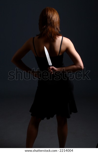 Brunette Model Large Knife Behind Her Stock Photo (Edit Now) 2214004