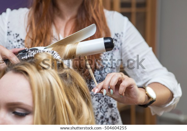 Brunette Red Hair Hairdresser Artist Making Royalty Free Stock Image