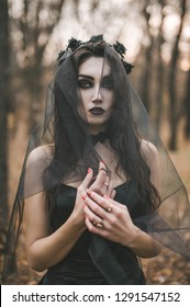 Brunette Witch Girl Conjures Forest Conducts Stock Photo 1291547152 ...