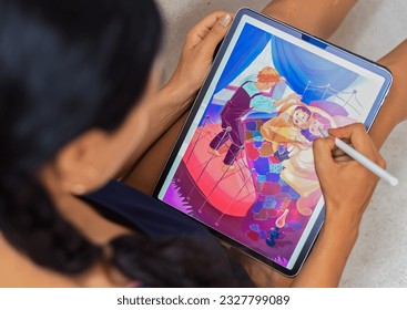 Brunette woman artist and illustration drawing, using electronical tablet and stylus, by using touchscreen - Shutterstock ID 2327799089