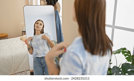 A brunette woman in casual attire adjusts her t-shirt in front of a mirror in a well-lit bedroom interior.