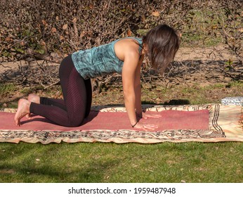 A Brunette Woman Doing Yoga Class In A Park On A Sunny Day And Wearing A Face Mask