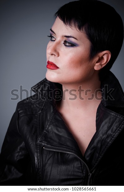 Brunette Woman Dressed Leather Jacket Androgynous Stock Photo