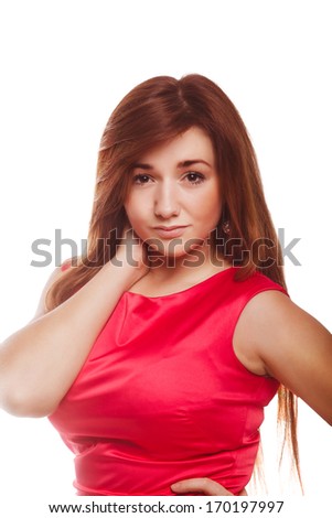 brunette woman girl close-up portrait of face and hands in red dress isolated on white background