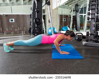 Brunette Woman At Gym Push Up Push-up Workout Exercise