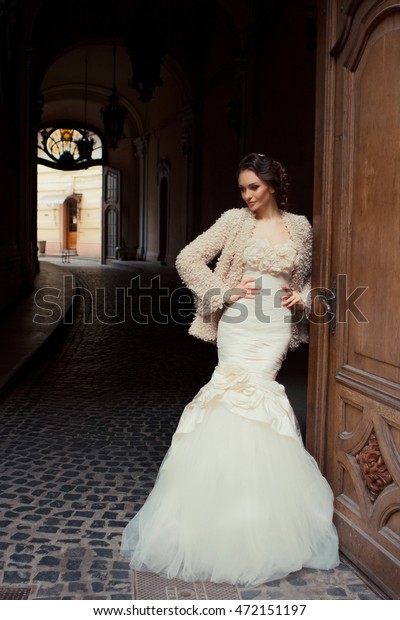 Brunette Woman Rich Wedding Dress Stands Stock Photo Edit Now