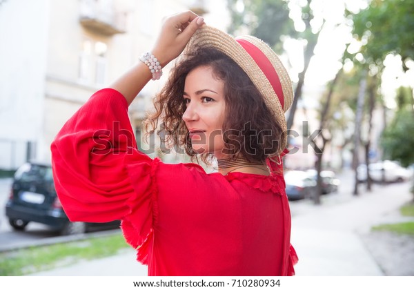 Brunette Woman Short Curly Dark Hair Stock Photo Edit Now 710280934