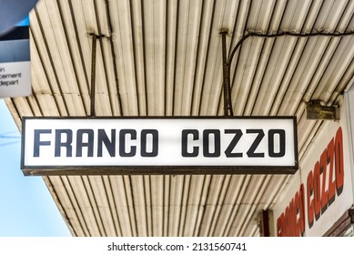 Brunswick, Victoria, Australia, October 20th, 2021: The Hanging Sign Of The Franco Cozzo Furniture Store On Sydney Road In The Melbourne Suburb Of Brunswick.