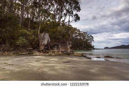 Bruny Island Secluded Beach Cloudy Calm Great Bay Area Sandy Trees Shadows Tasmania 