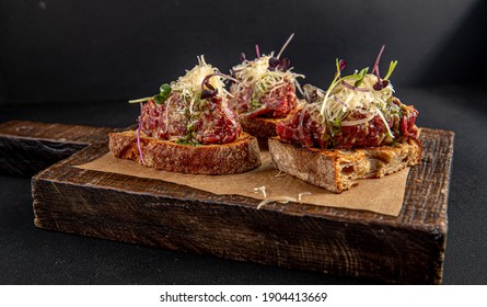 Bruschetta With Beef Tartare.sandwich With Raw Gourmet Beef 