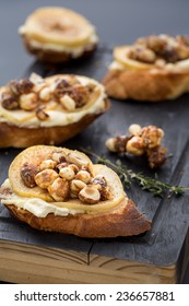 Bruschetta With Cheese, Apple And Walnuts. Vertical Image.