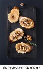 Bruschetta With Cheese, Apple And Walnuts. Vertical Image.