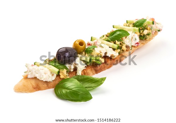 Bruschetta Cottage Cheese Cucumber Tomatoes Olives Stock Photo