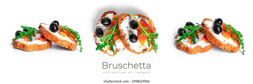 Bruschetta with cream cheese, salmon and vegetables isolated on a white background. Toast isolated. Sandwich isolated. Sandwich with salmon and cheese. High quality photo