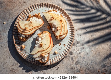 Bruschetta With Pear, Goat Cheese Spread, Nuts And Honey