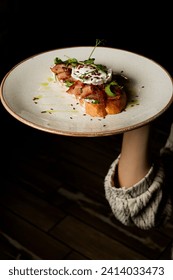 bruschetta with roast beef and egg, photo for restaurant cafe menu