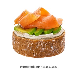 Bruschetta with salmon and cream cheese isolated on white background
